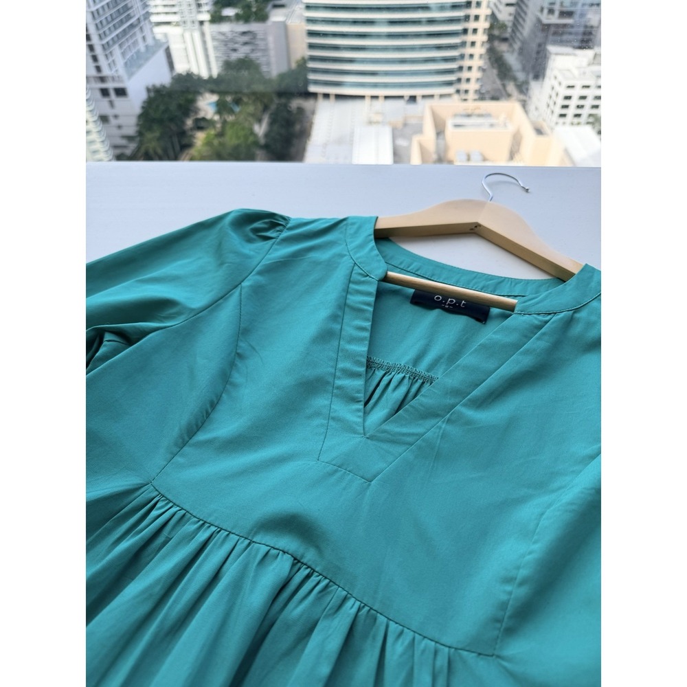 OPT Anthropologie Bay Mini Dress Emerald Green Cotton Small Tiered‎ Smock Sleeve - Picture 5 of 10